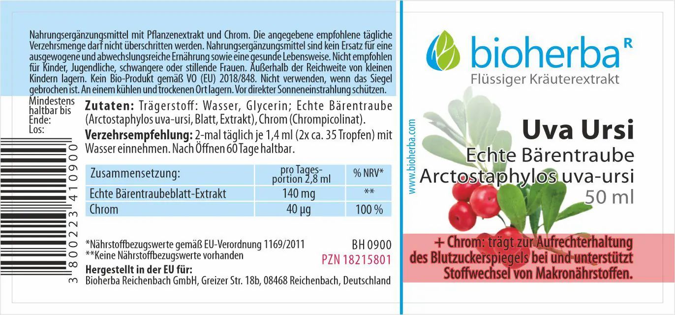Etikett mit "Bioherba" und "Uva Ursi". Text und Informationen zu Inhaltsstoffen und Dosierung. Rote Beeren und grüne Blätter abgebildet.