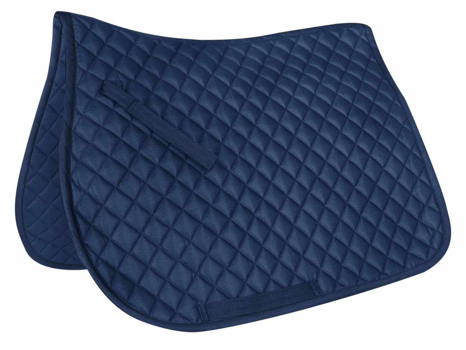 Dunkelblaue Satteldecke mit Steppung. Rechteckige Form mit Schlaufen und Gurten. Für Pferde.