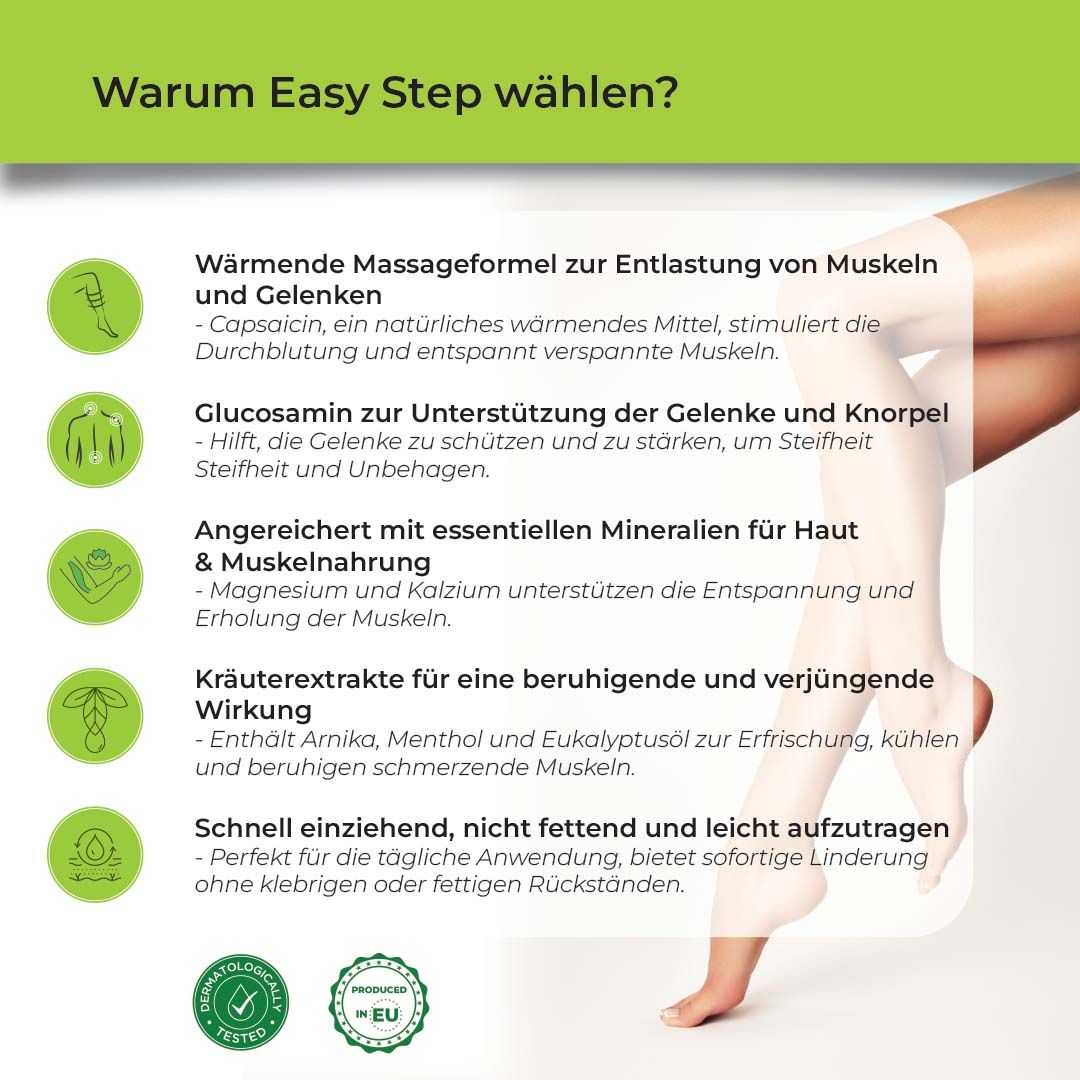 Vorteile der Biostile Easy Step Massagecreme: wärmende Wirkung, Gelenkunterstützung, schnelle Absorption.