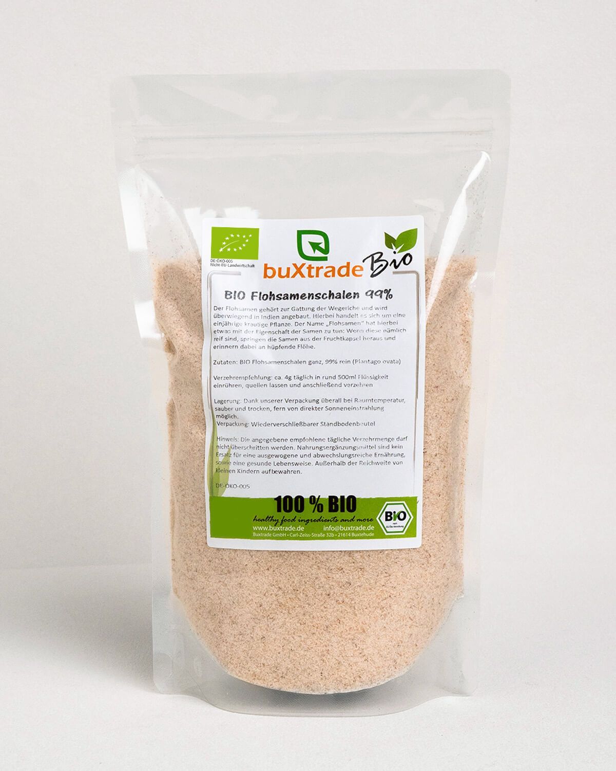 Verpackung mit buXtrade Bio Flohsamenschalen 99% Reinheit, 100% BIO Siegel.