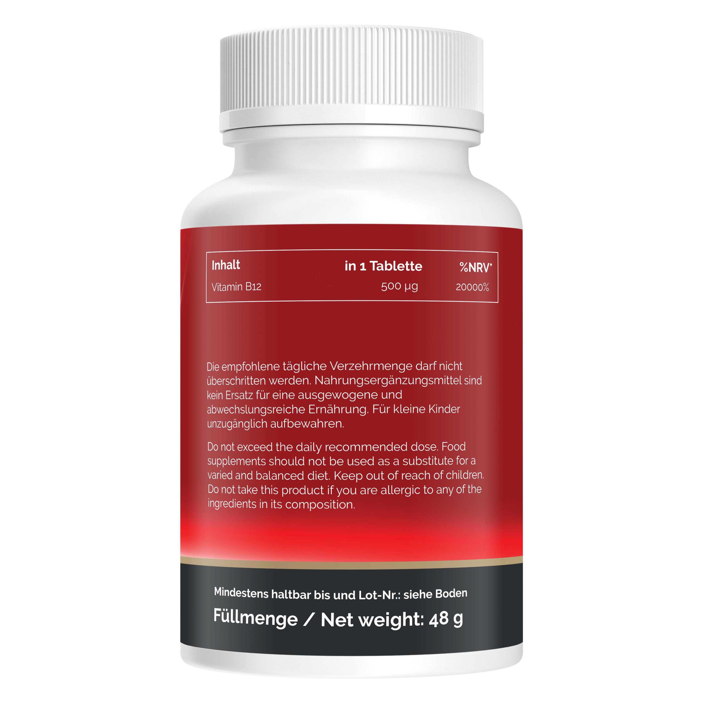 Rückseite der Flasche Natural Pro Vitamin B12. Nährwertangaben pro Tablette, Hinweise zur Einnahme und Haltbarkeit, Füllmenge 48 g.