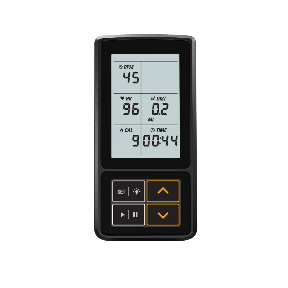 Konsole mit LCD-Anzeige. Zeigt RPM, Herzfrequenz, Distanz, Kalorien und Zeit an. Tasten für Einstellungen und Bedienung.