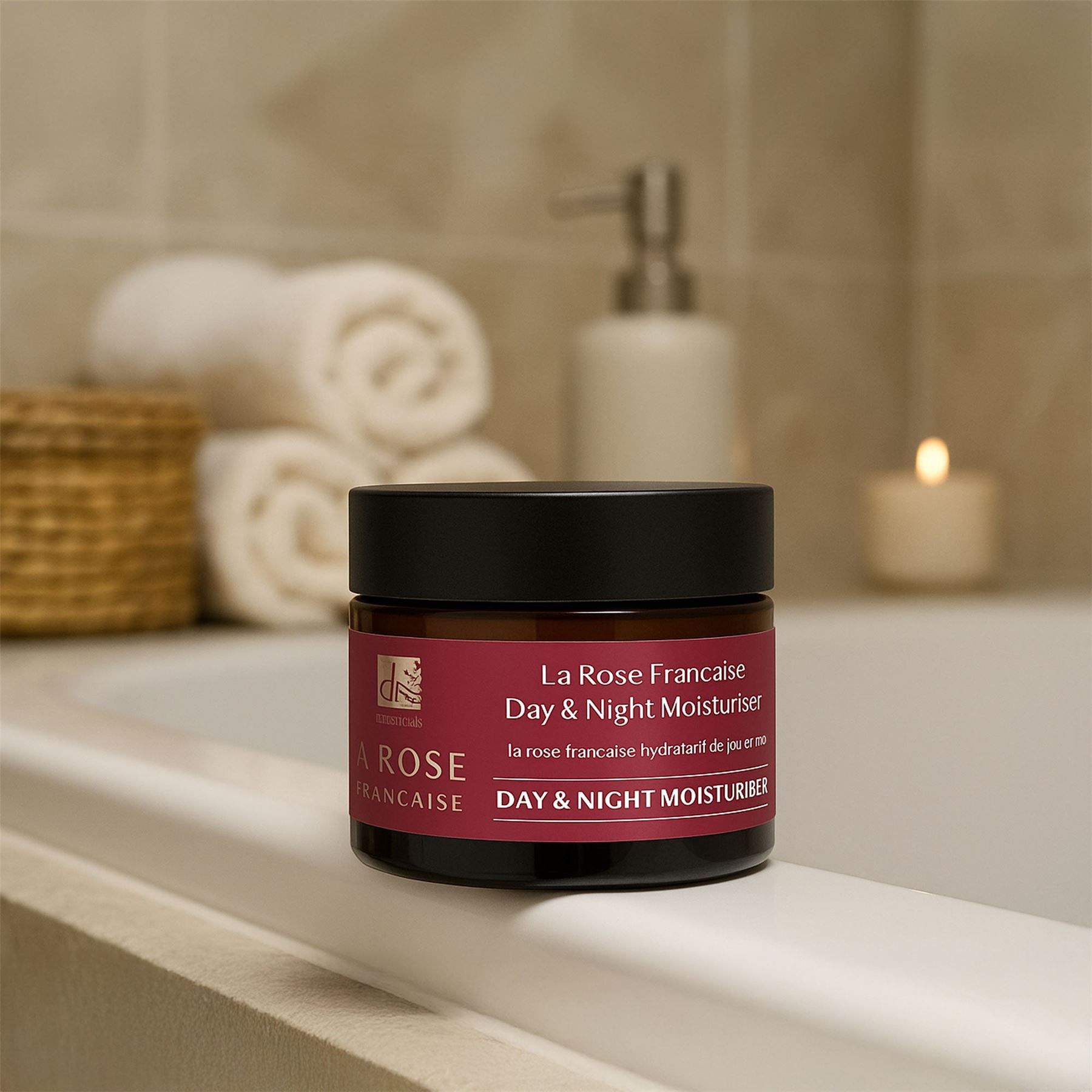 Dr. Botanicals La Rose Française Tages- und Nachtcreme auf einer Badewanne.