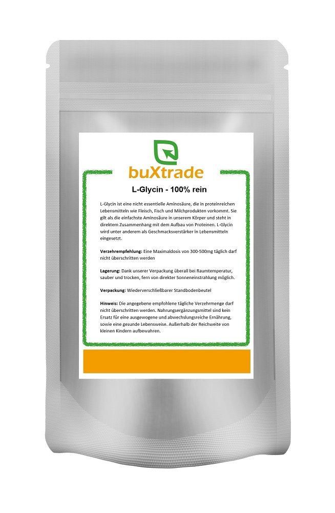 Beutel mit Produktetikett. Text: buXtrade L-Glycin 100% rein. Grün-weißer Aufdruck.