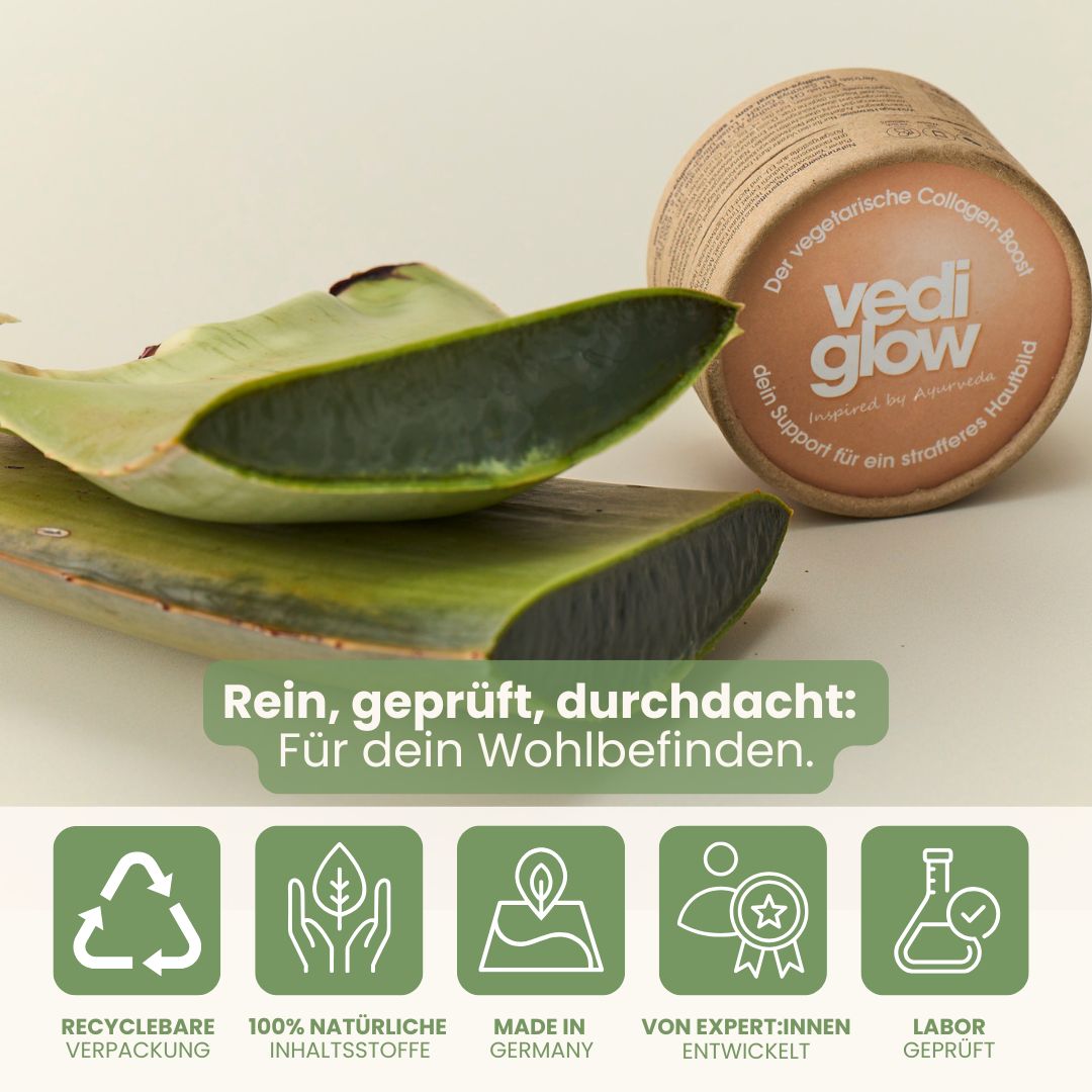 Aloe Vera Blätter und Dose Vedi Glow. Text: Rein, geprüft, durchdacht. Recyclebare Verpackung, 100% natürliche Inhaltsstoffe, Made in Germany.