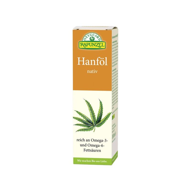 Kartonverpackung mit Produktbezeichnung "Hanföl nativ". Logo "Rapunzel" und Hanfblatt-Illustration. Text: reich an Omega-3- und Omega-6-Fettsäuren.