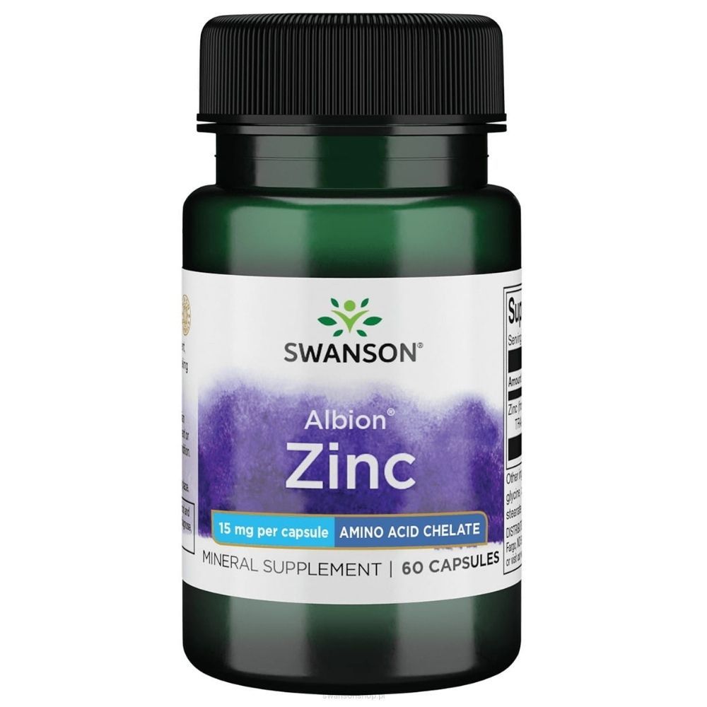 Grüne Flasche mit Swanson Albion Zink Kapseln, 15 mg pro Kapsel, 60 Kapseln.