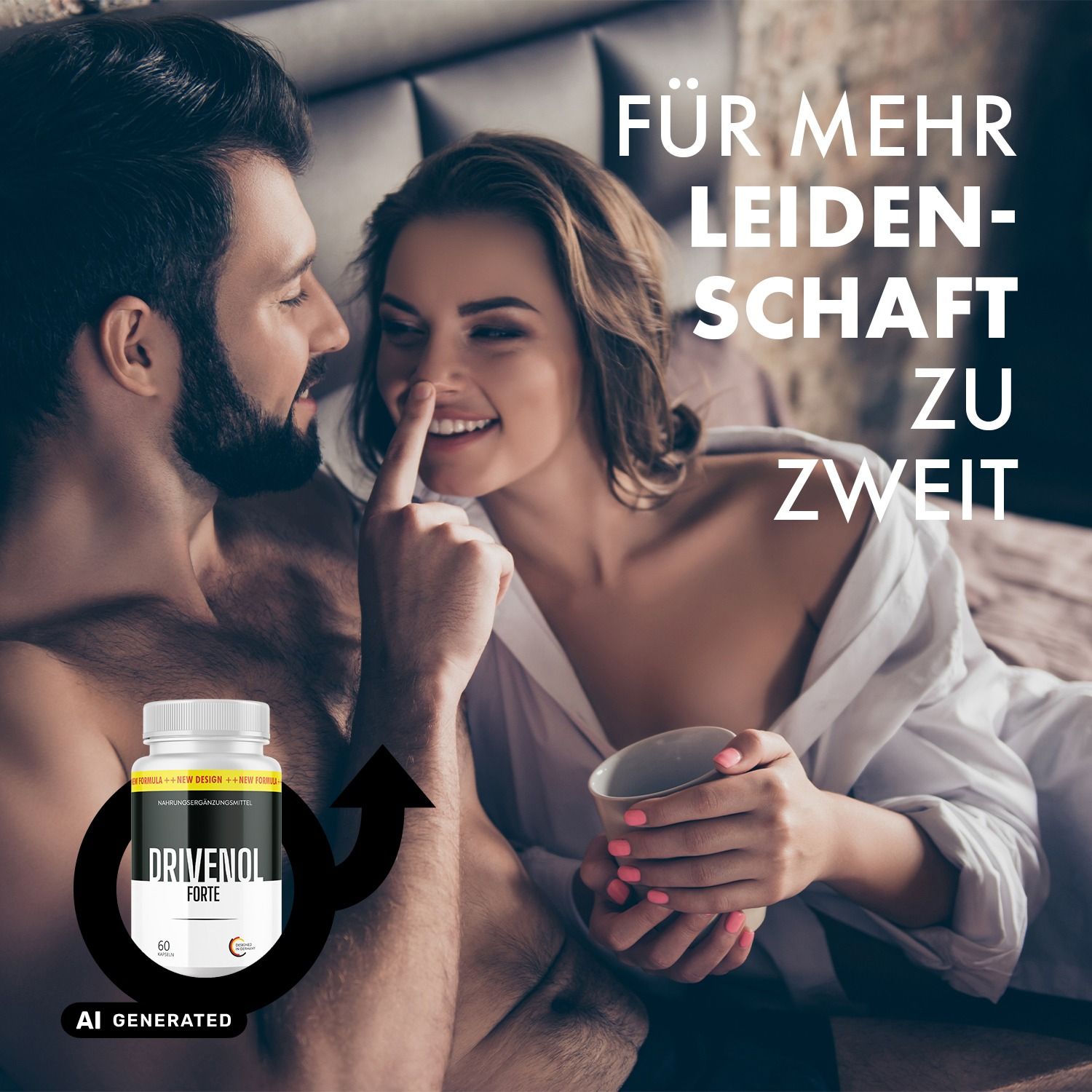 Paar lächelt sich an, mit Alpha Edge Forte Drive Kapseldose und Pfeil.