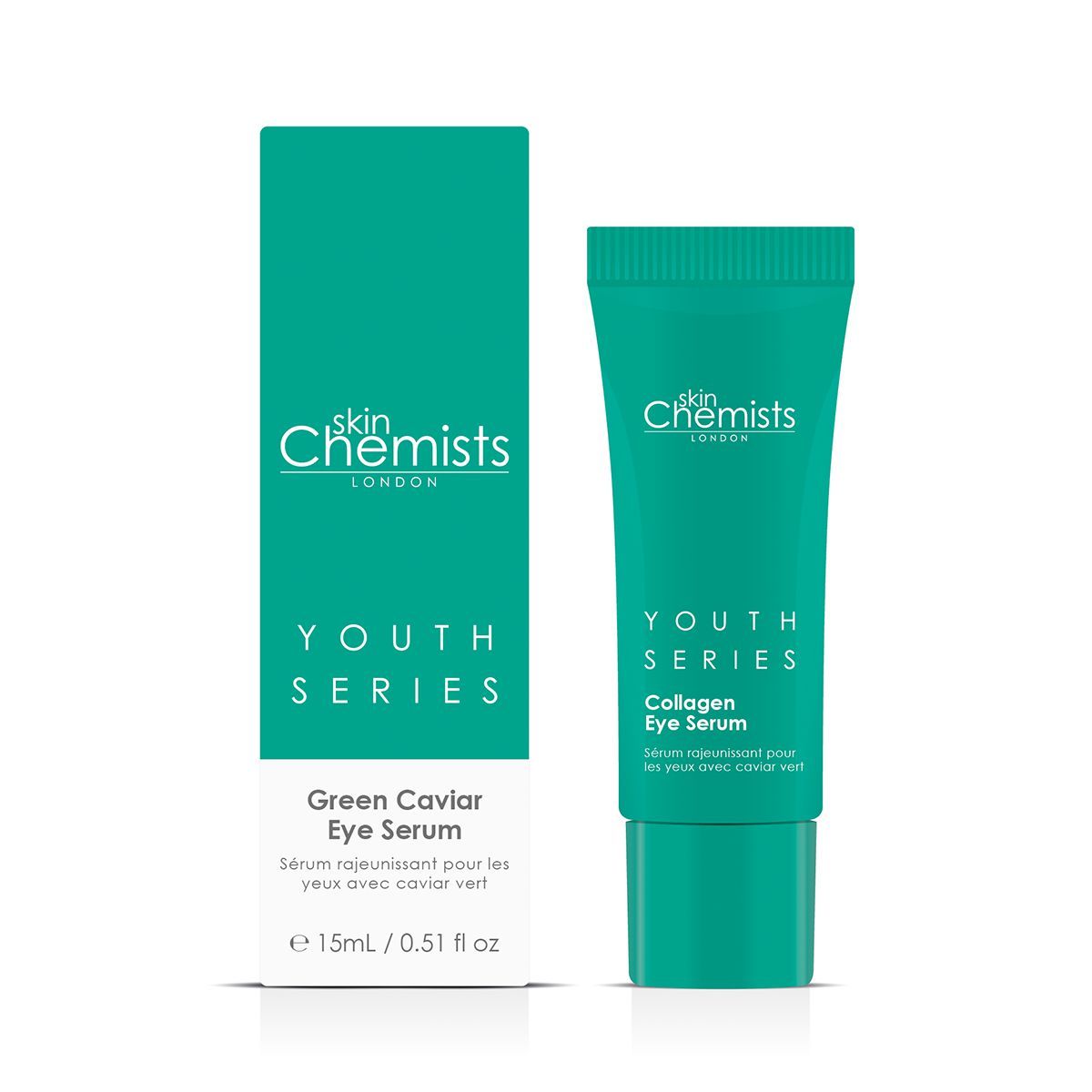 Grüne Tube und Schachtel SkinChemists Jugendserie Grünes Kaviar Augenserum. Aufschrift: Youth Series, Green Caviar Eye Serum, 15ml/0.51 fl oz.