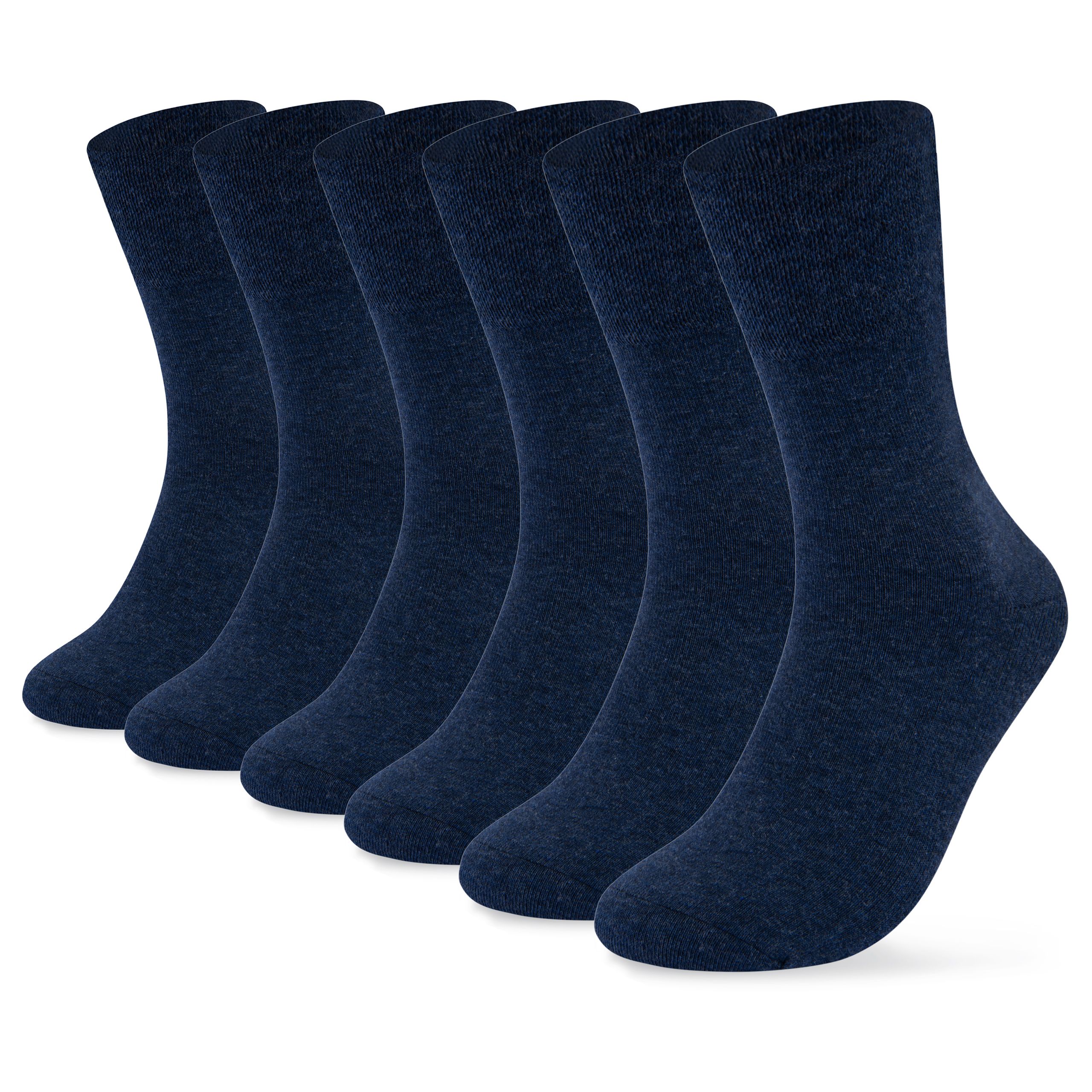 Sechs dunkelblaue Socken nebeneinander. Sie sind aus Stoff und haben eine normale Länge.