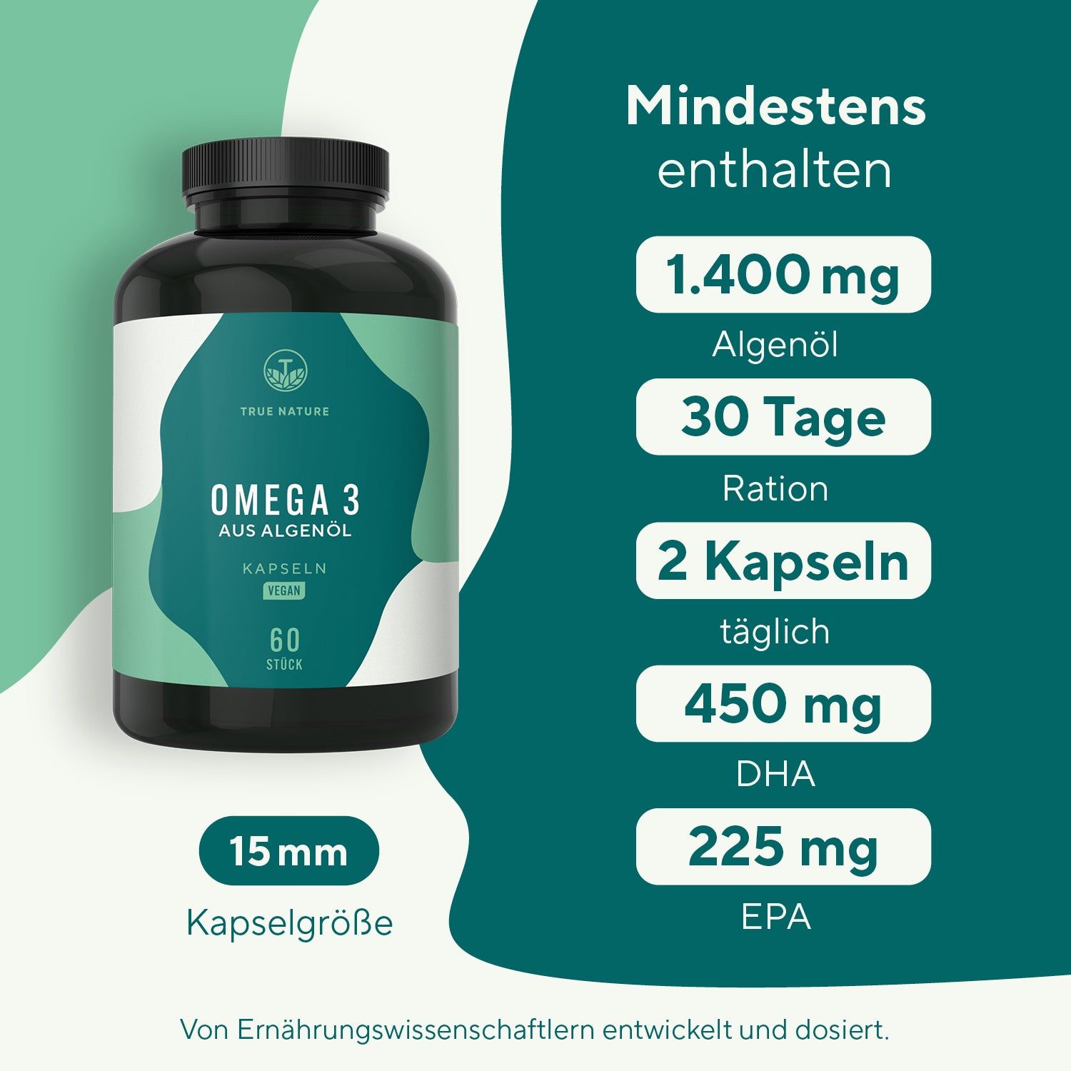 Flasche mit Kapseln und Text: Mindestens enthalten: 1.400 mg Algenöl, 30 Tage Ration, 2 Kapseln täglich, 450 mg DHA, 225 mg EPA. Kapselgröße: 15 mm.