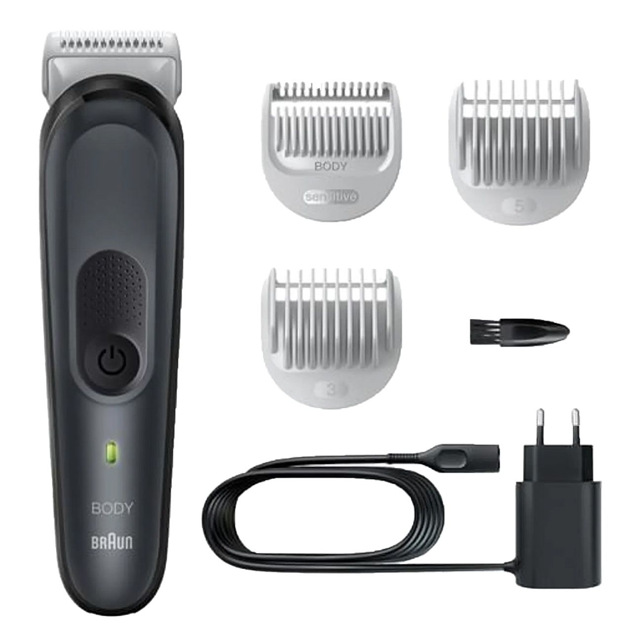 Grauer Bodygroomer mit Aufsätzen, Ladegerät und Reinigungsbürste. Aufsätze: 1 mm, 3 mm, 5 mm. Marke: Braun.