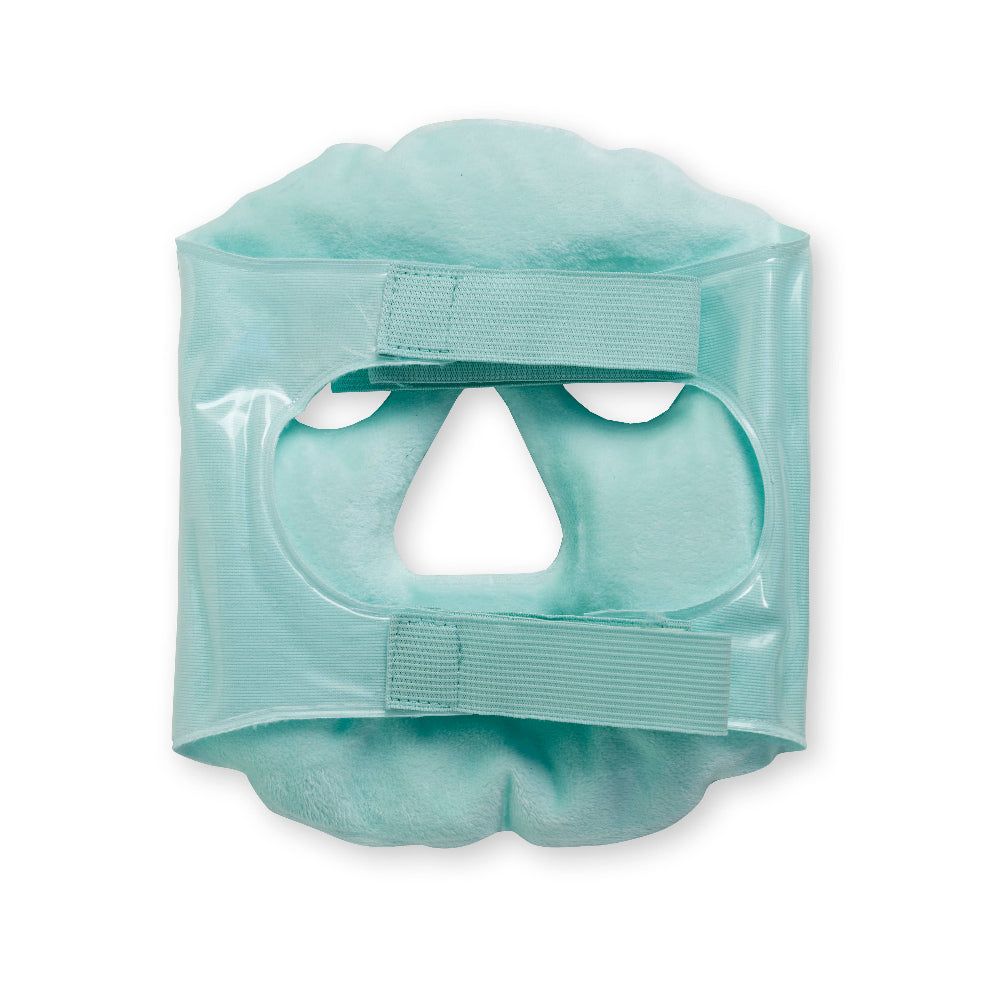 Grüne Gel-Gesichtsmaske mit Klettverschlüssen. Augen-, Nasen- und Mundöffnungen. Weiches Innenfutter.