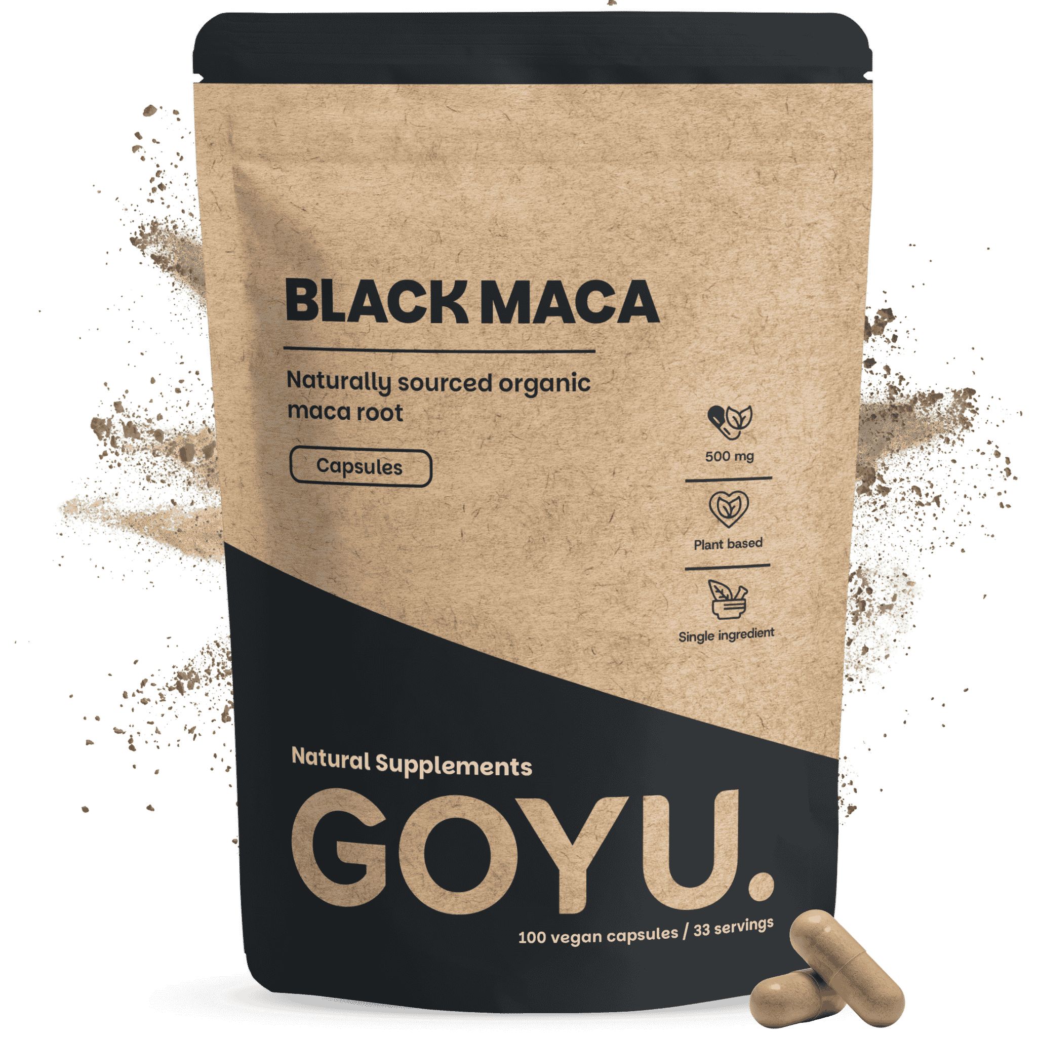 Eine Packung GOYU Black Maca Kapseln, natürlich gewonnene Bio-Maca-Wurzel, 100 vegane Kapseln pro Packung.