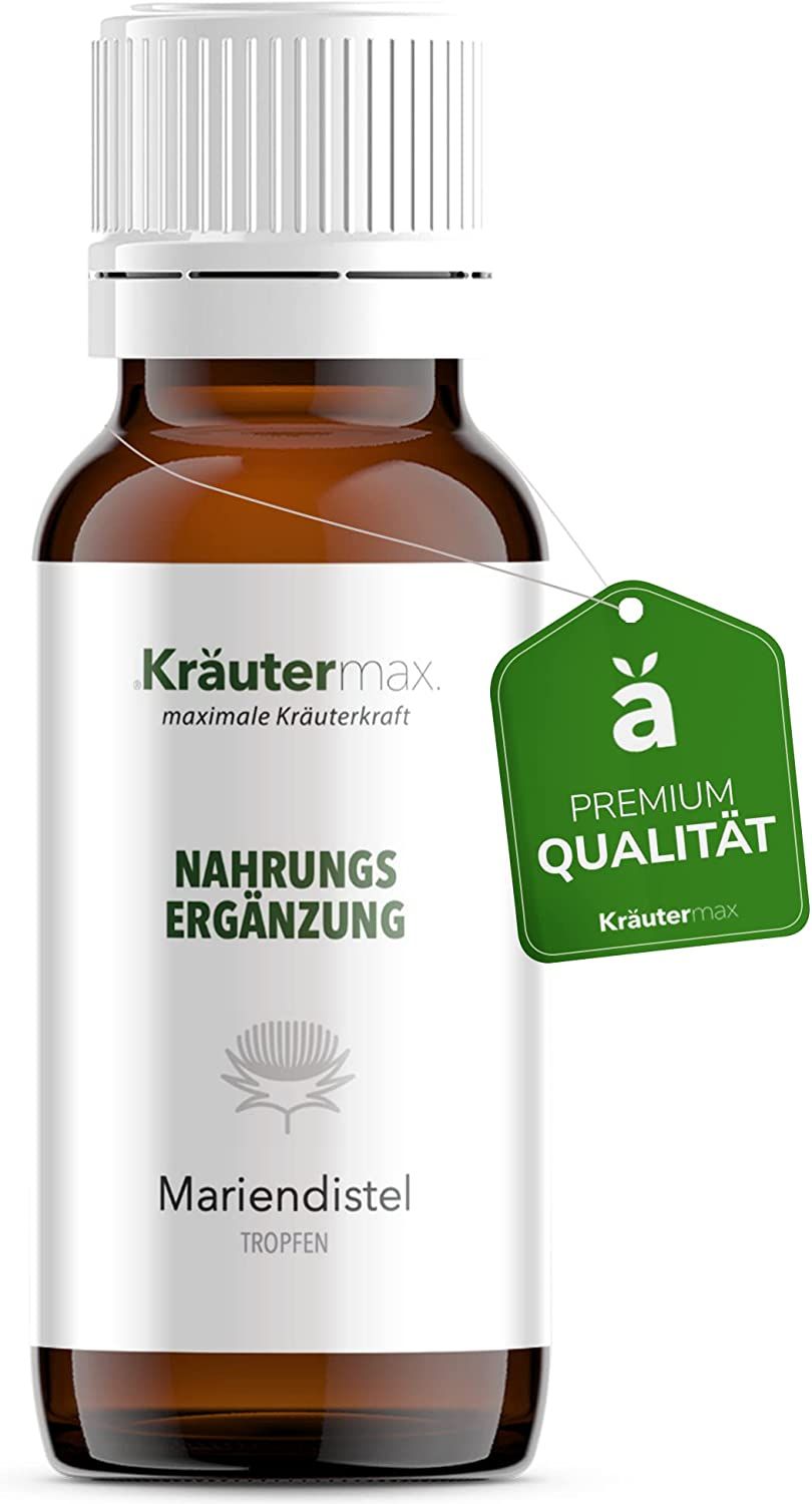 Braune Flasche mit weißem Deckel. Etikett mit Schriftzug 'Nahrungsergänzung' und Mariendistel-Illustration. Grünes Anhängeetikett 'Premium Qualität'.