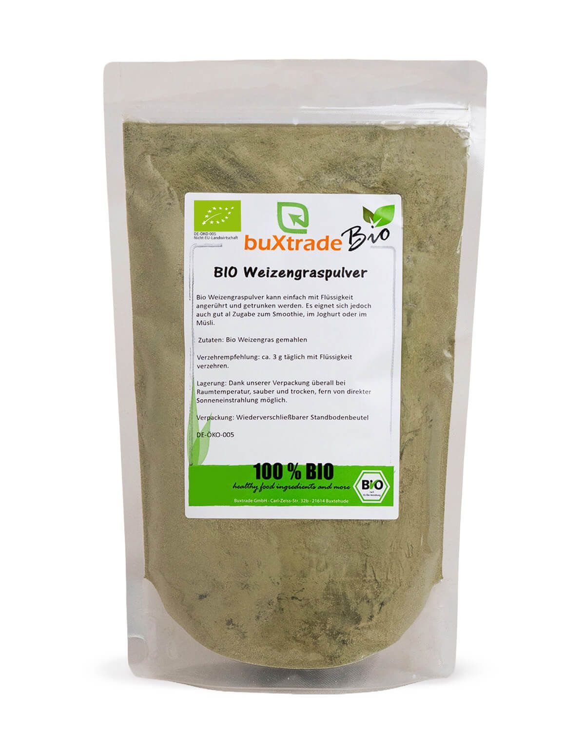 Verpackung von buxtrade Bio Weizengraspulver mit Bio-Siegel und Nährwertangaben.