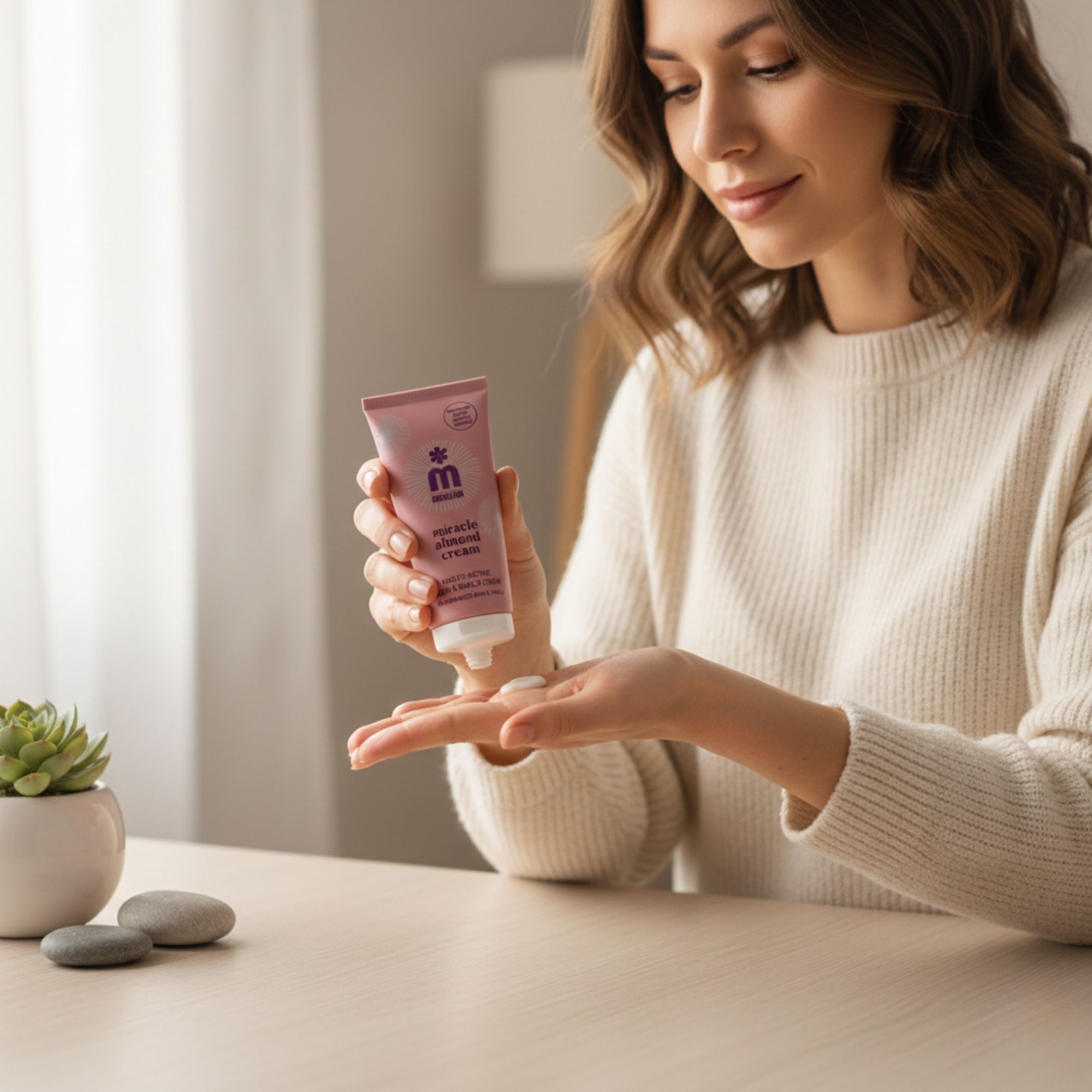 Frau hält Tube "melem miracle almond cream" in der Hand. Text: Multi-Active Hand & Nails Cream. Für geschädigte Haut & Nägel. Mit Mandelöl.
