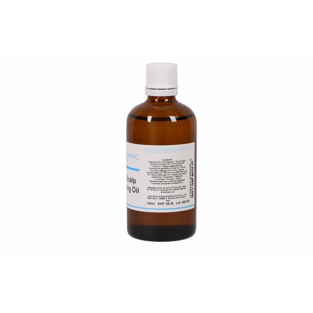 Braune Glasflasche mit weißem Deckel und Etikett. Text: Hair & Scalp Nourishing Oil, 100ml.