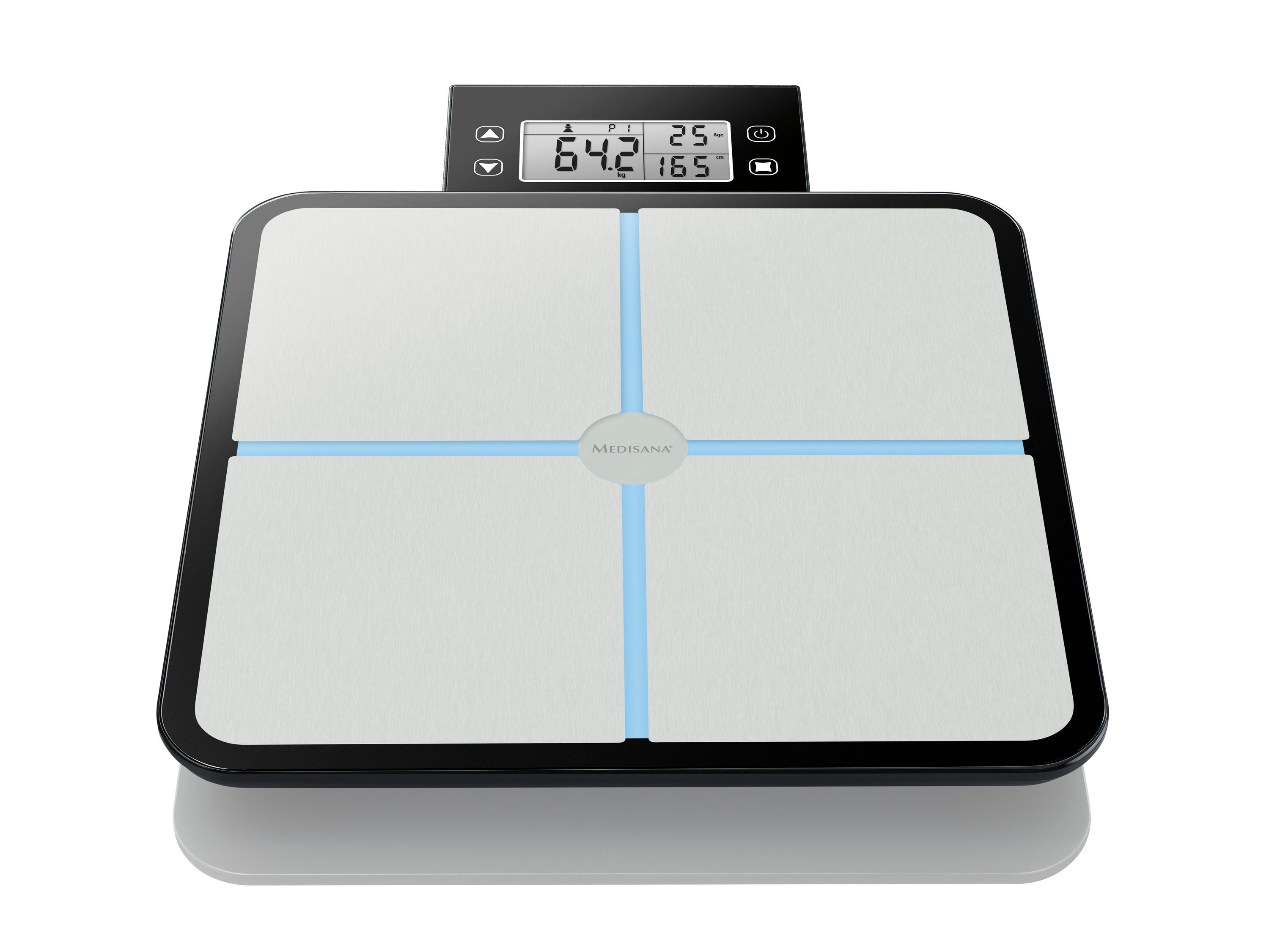 Körperanalysewaage mit Display. Schwarzer Rahmen, silberne Oberfläche, blaue Linien. Digitalanzeige mit Gewichts- und BMI-Werten.