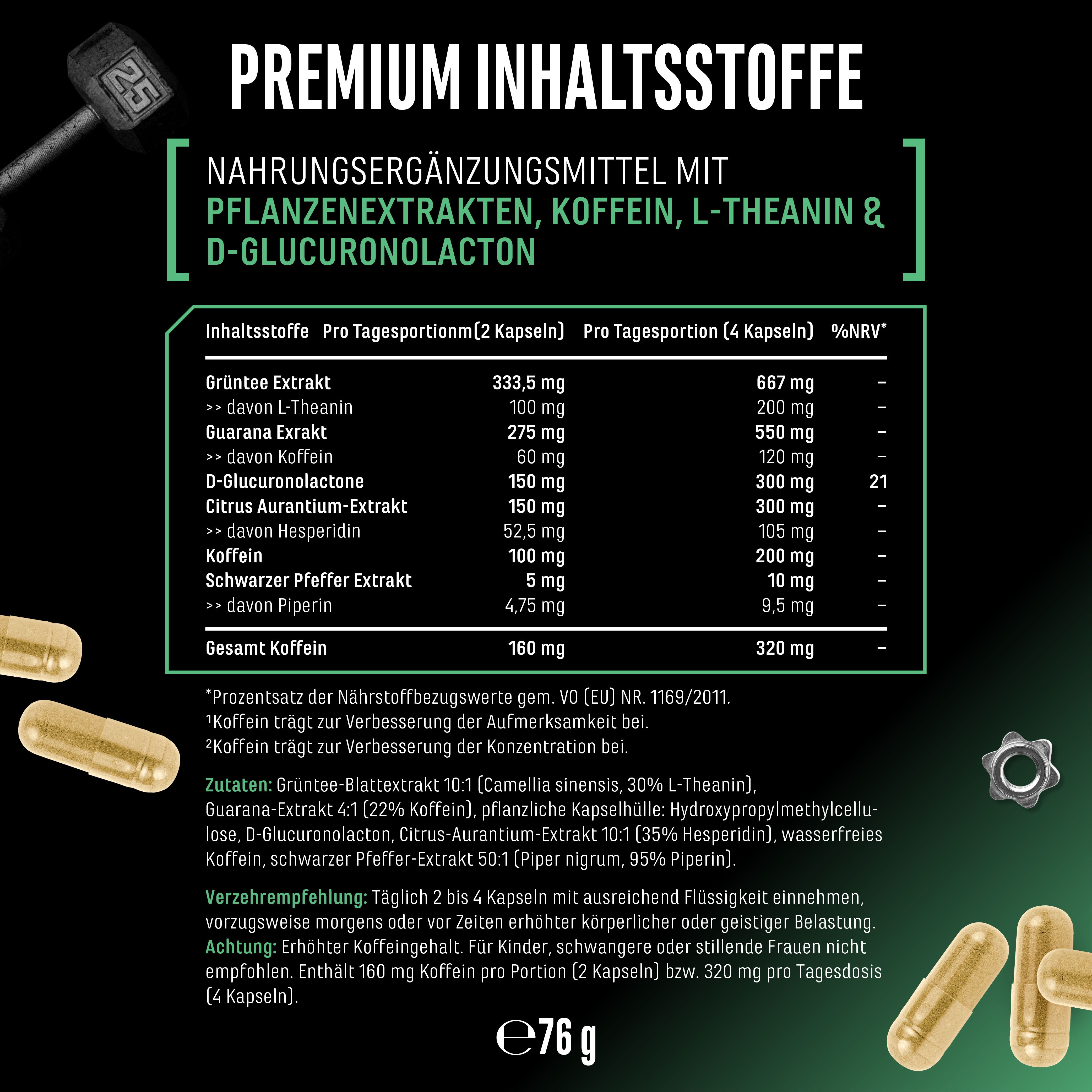Nahrungsergänzungsmittel mit Pflanzenextrakten, Koffein, L-Theanin & D-Glucuronolacton. Inhaltsstofftabelle mit Dosierungen.