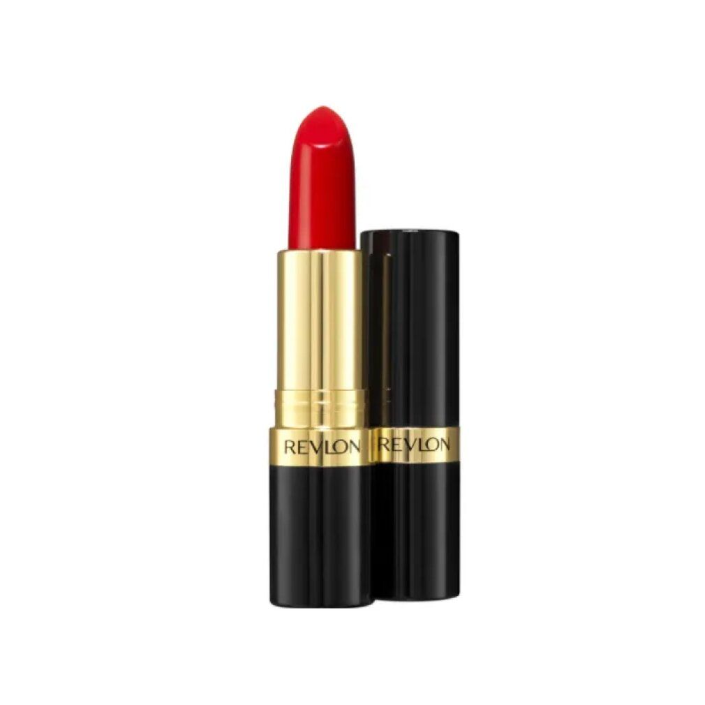 Roter Lippenstift, goldene Hülse, schwarzer Boden. Marke REVLON sichtbar.