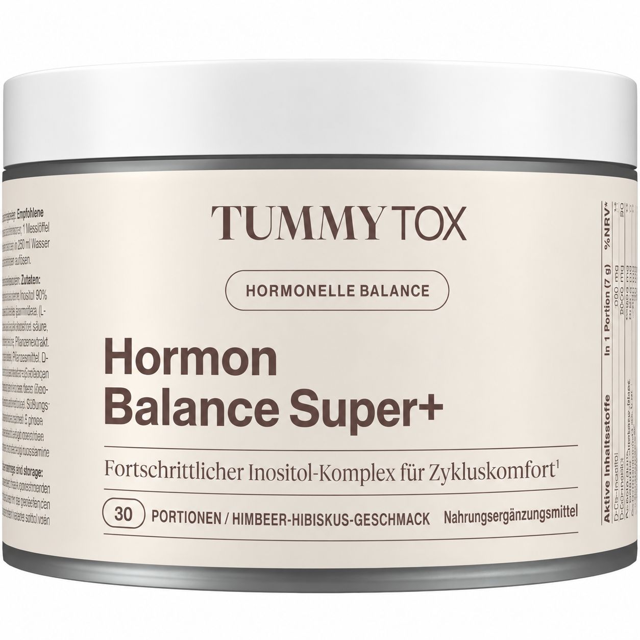 Vorderseite eines Behälters mit "Tummy Tox Hormon Balance Super+" Nahrungsergänzungsmittel.