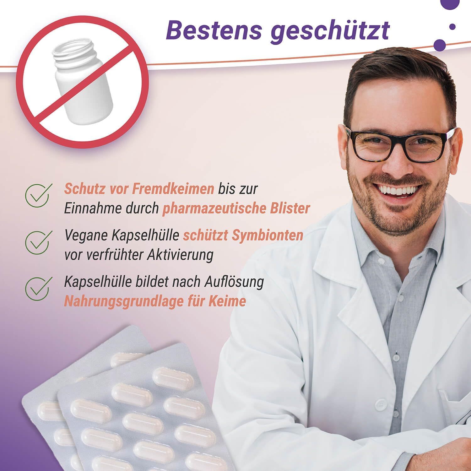 Mann mit Brille und Arztkittel. Text: Schutz vor Fremdkeimen, vegane Kapselhülle, Kapselhülle bildet Nahrungsgrundlage.