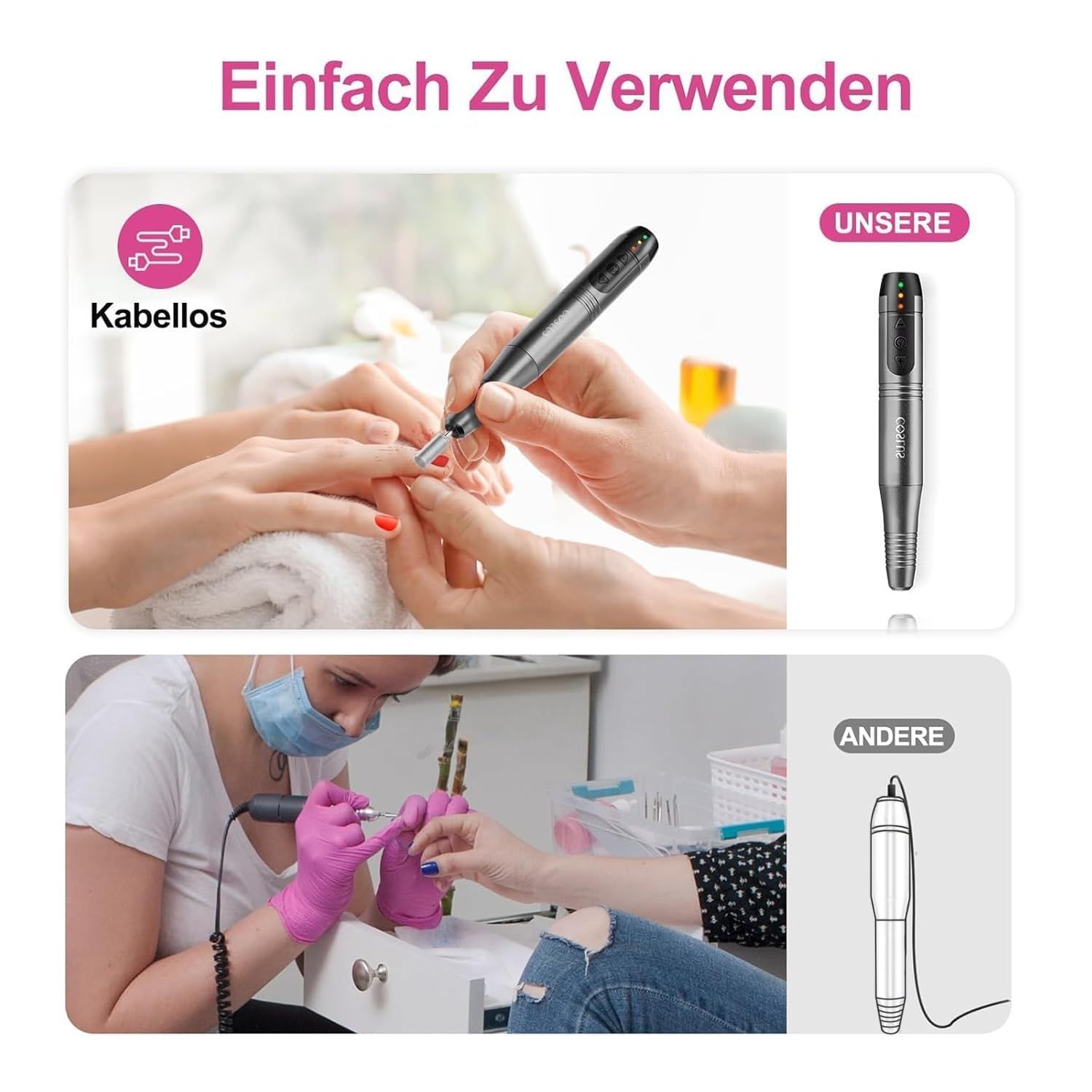 Kabelloses Maniküre-Gerät in Gebrauch. Zwei Hände bearbeiten Fingernägel. Vergleich mit einem anderen Modell.