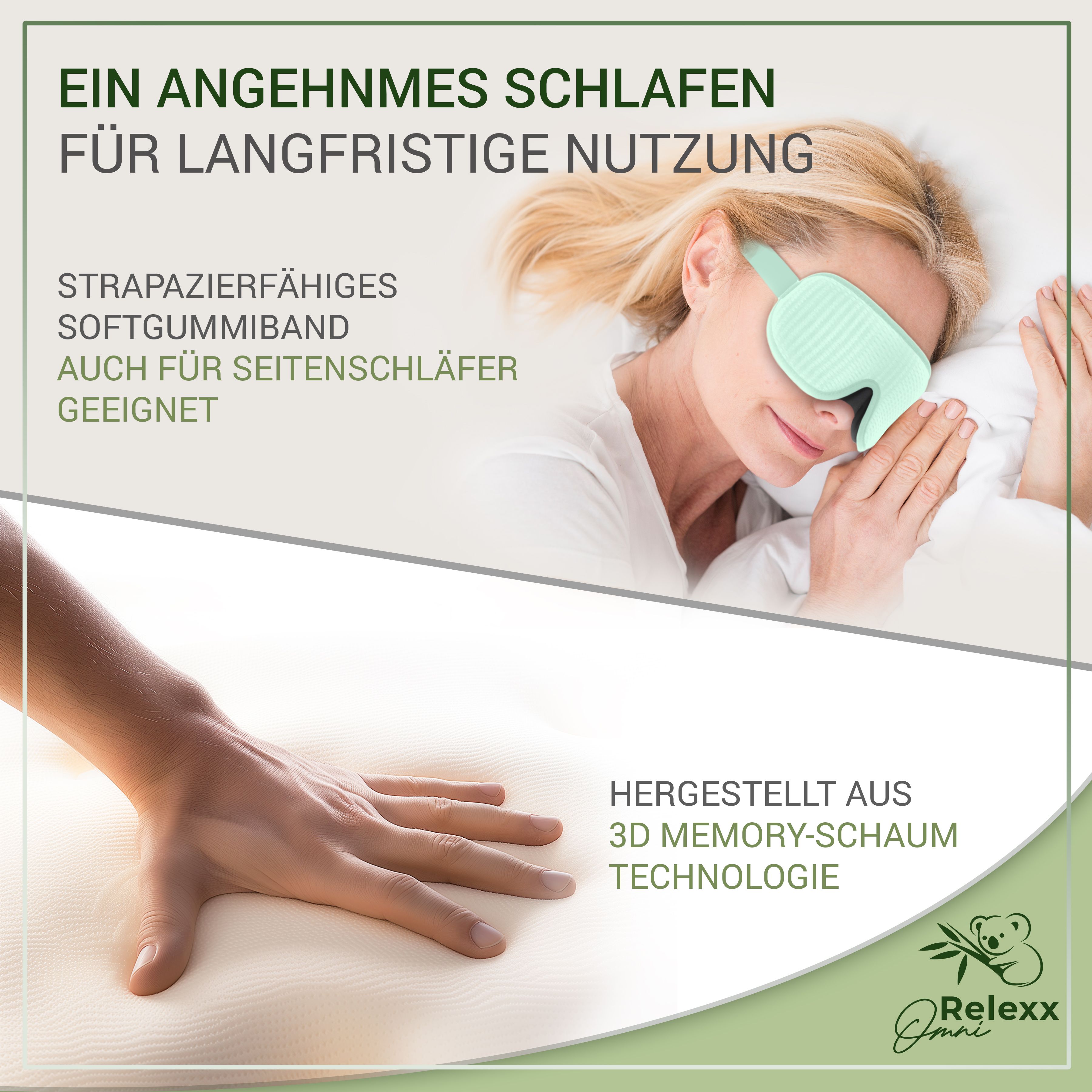 Frau mit Schlafmaske im Bett. Strapazierfähiges Softgummiband. Für Seitenschläfer geeignet. 3D Memory-Schaum Technologie. Logo Relexx Omni.