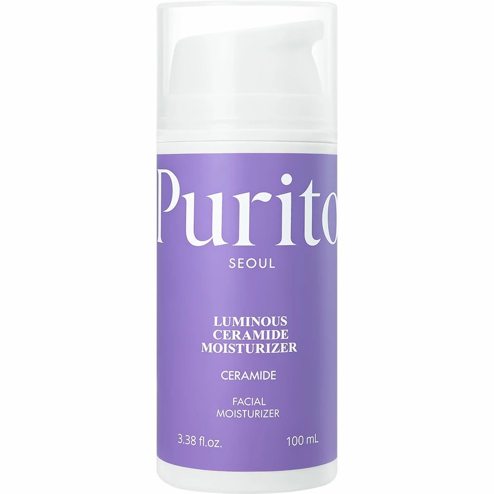 Flasche mit lila Etikett. Aufschrift: Purito Seoul, Luminous Ceramide Moisturizer, Ceramide, Facial Moisturizer. 3.38 fl.oz., 100 ml.