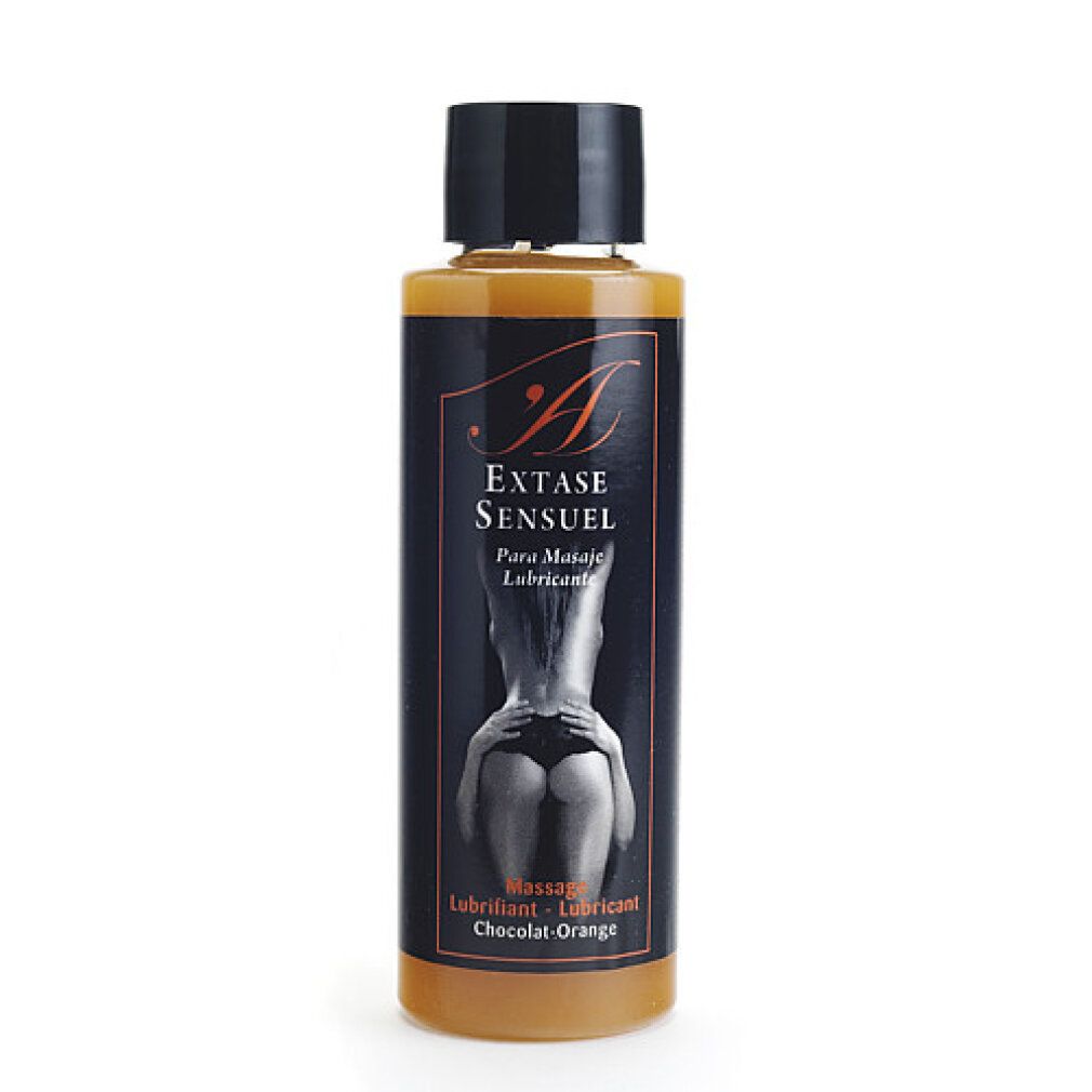 Braune Flasche mit schwarzem Deckel. Aufschrift: Extase Sensuel, Para Masaje Lubricante, Massage, Chocolat-Orange. Abbildung einer Frau.