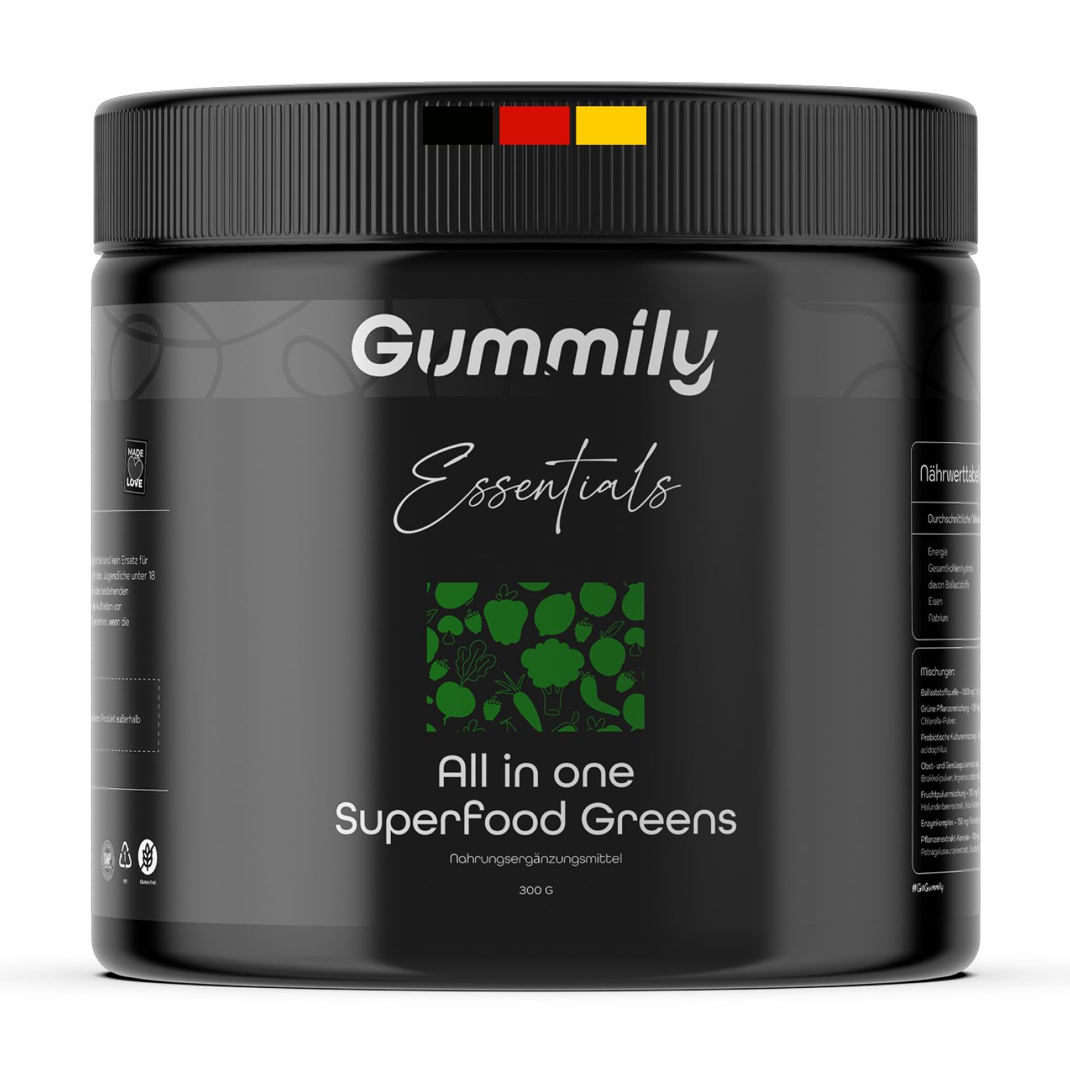 Schwarze Dose mit Gummily Essentials Superfood Greens. Aufschrift: All in one Superfood Greens. Mit deutsche Flagge.