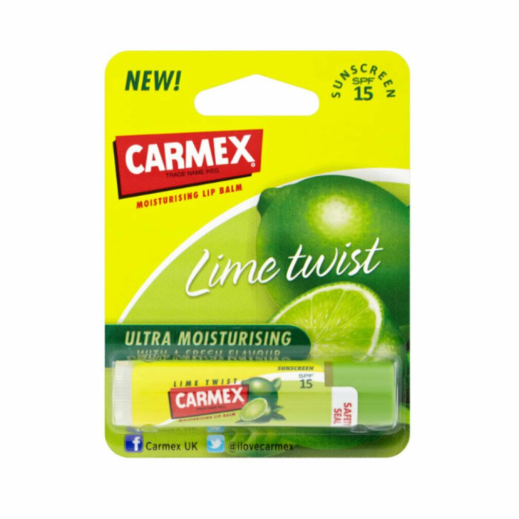 Carmex Lime Twist Lippenbalsam-Stick in Verpackung. Gelb-grüne Verpackung mit Produktabbildung und Schriftzug. Enthält SPF 15.