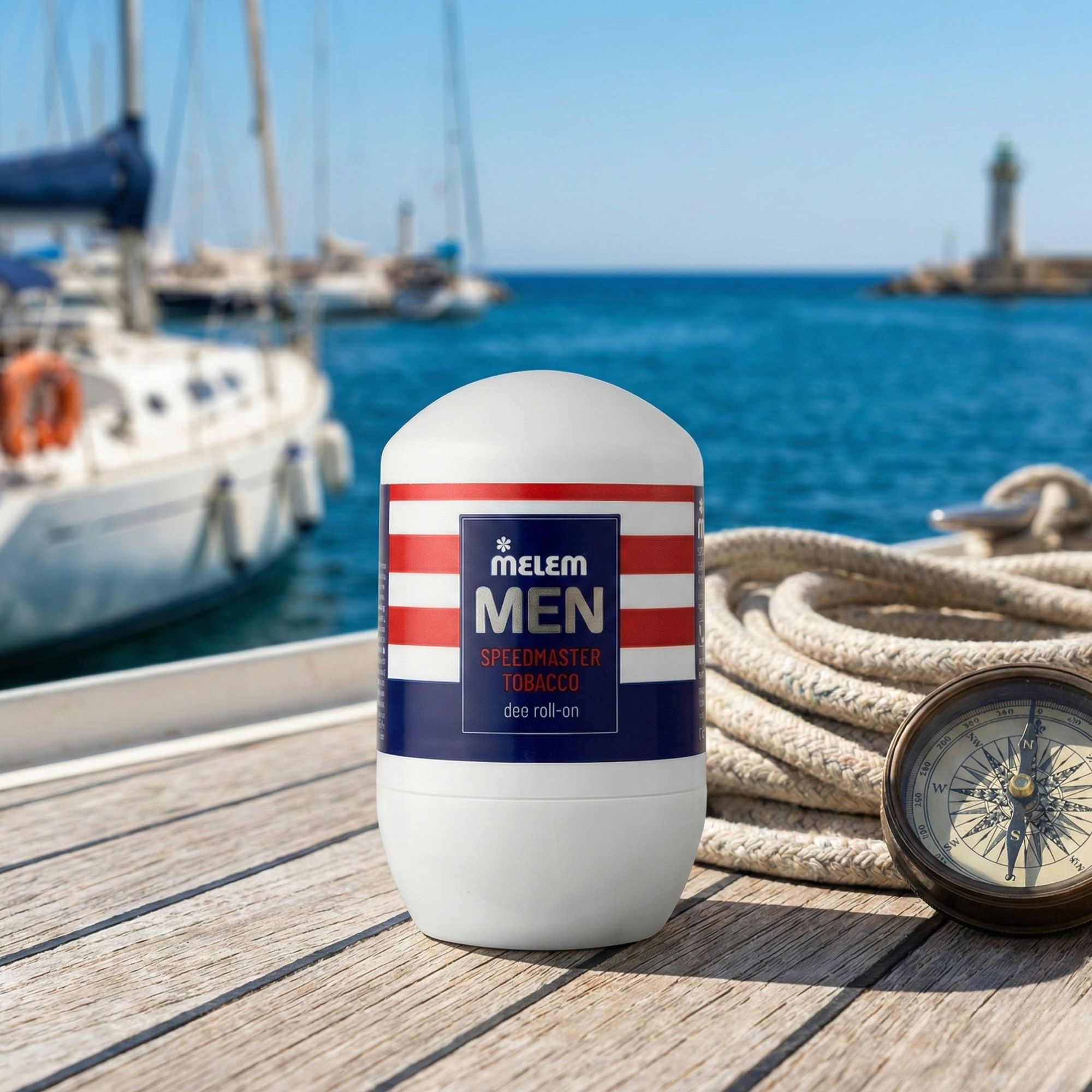 Weißes Deo mit rot-weiß-blauer Banderole. Auf einem Bootsdeck platziert. Im Hintergrund Meer, Boote und ein Leuchtturm.