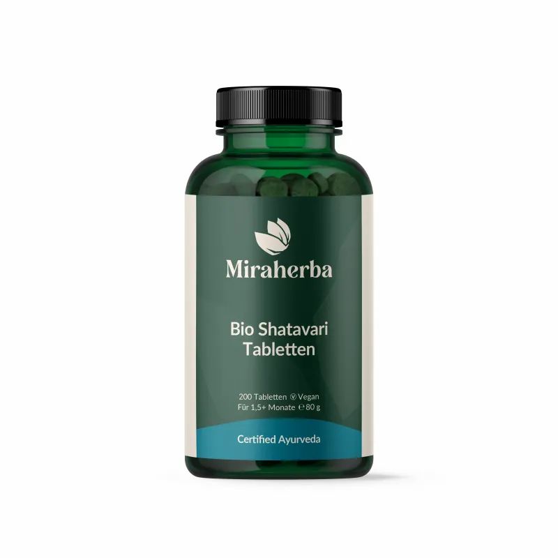 Grüne Glasflasche mit schwarzen Deckel. Aufschrift: Miraherba, Bio Shatavari Tabletten. 200 Tabletten, vegan. Zertifiziertes Ayurveda.