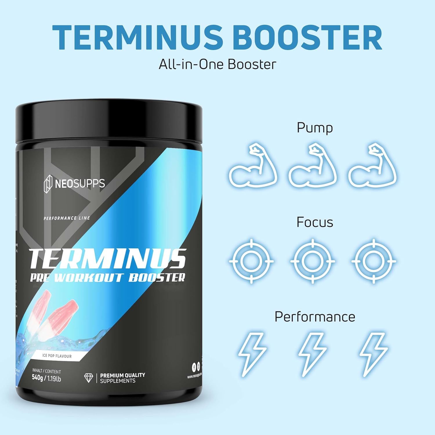 Schwarze Dose mit blauem Etikett. Aufschrift: Terminus Booster, Neosupps. Symbole: Pump, Focus, Performance. Eis am Stiel.