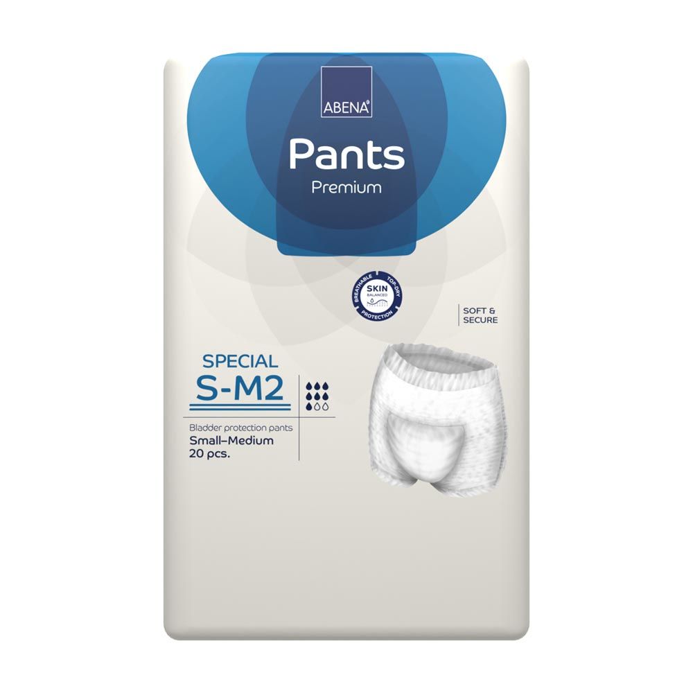 Verpackung Abena Pants Premium Special S-M2. Weiße Pants-Windel abgebildet. Aufdruck: Abena, Pants, Premium, Special S-M2, 20 Stück.