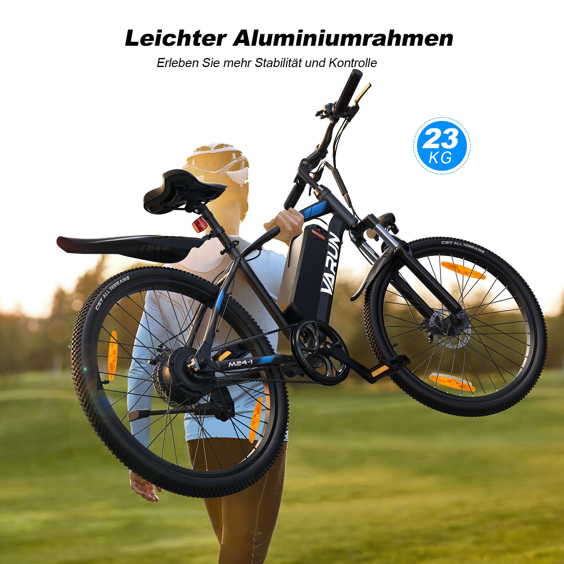 Person trägt ein schwarzes E-Bike. Text: Leichter Aluminiumrahmen, 23 KG. Sichtbar: VARUN, Schutzblech, Sattel.