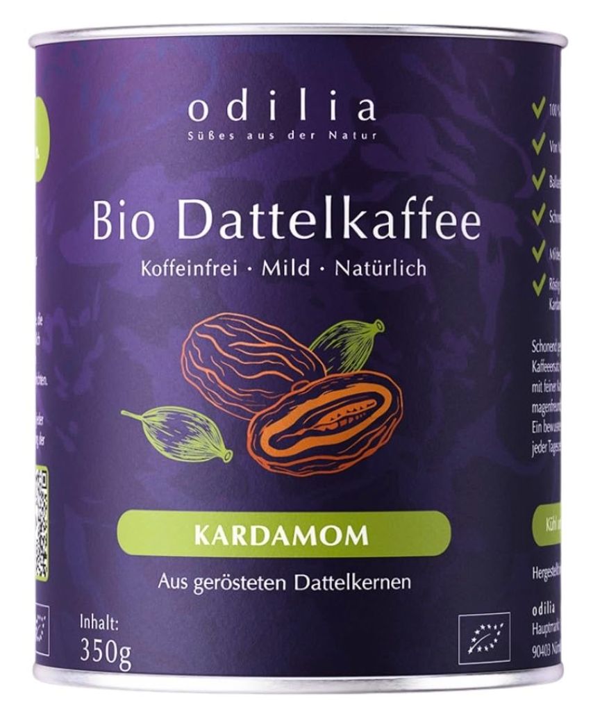 Dose Odilia Bio Dattelkaffee mit Kardamom. Koffeinfrei, mild, natürlich. Aus gerösteten Dattelkernen.