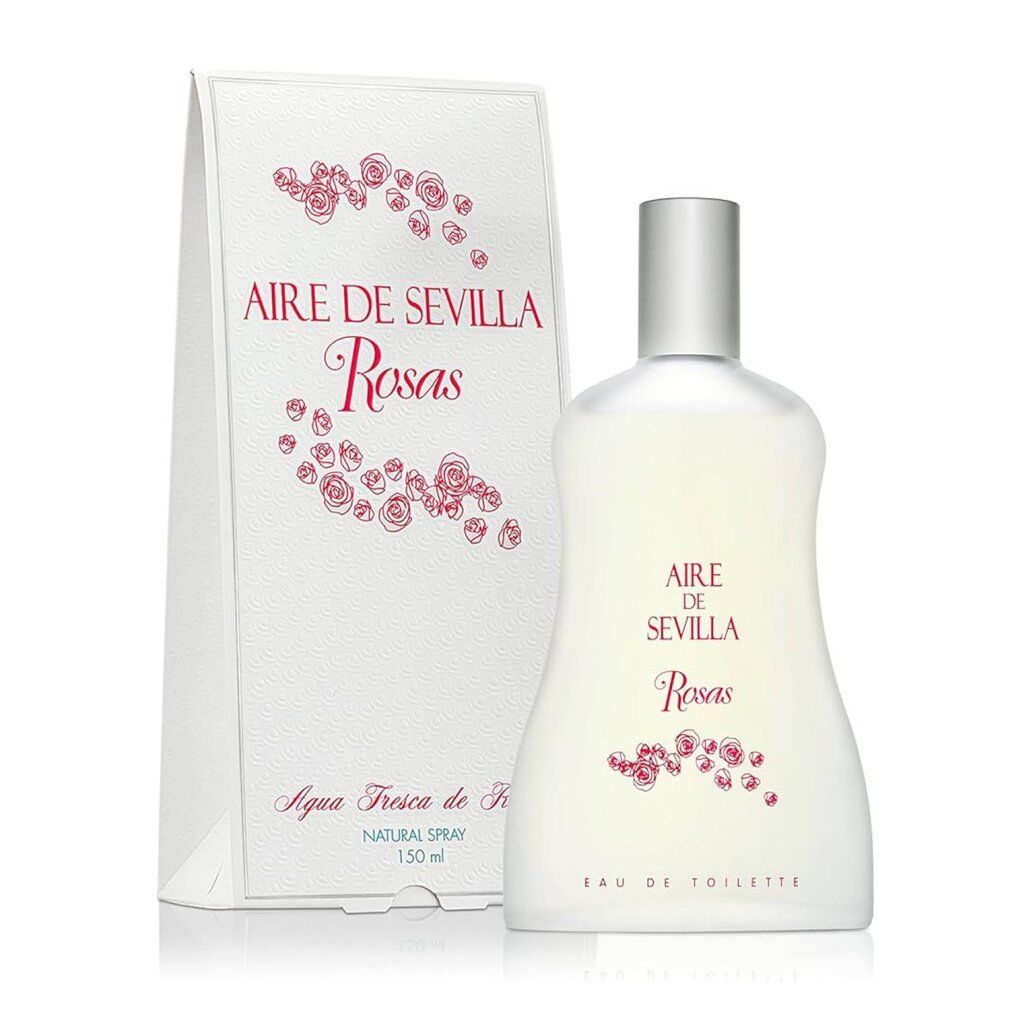 Flakon und Schachtel mit Aufschrift Aire de Sevilla Rosas. Rosa Blütenmuster. Eau de Toilette. Silberner Sprühkopf.