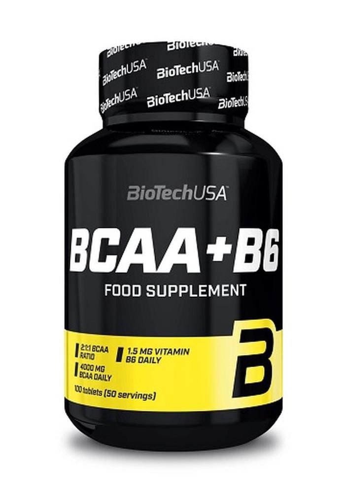 BioTechUSA BCAA+B6 Nahrungsergänzungsmittel in schwarzer Dose. Enthält 100 Tabletten.