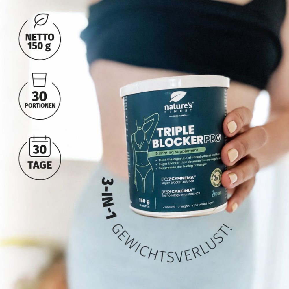 Dose Nature's Finest Triple Blocker Pro. Blaue Dose mit weißem Deckel. Text: 3-in-1 Gewichtsverlust. 30 Portionen, 30 Tage.