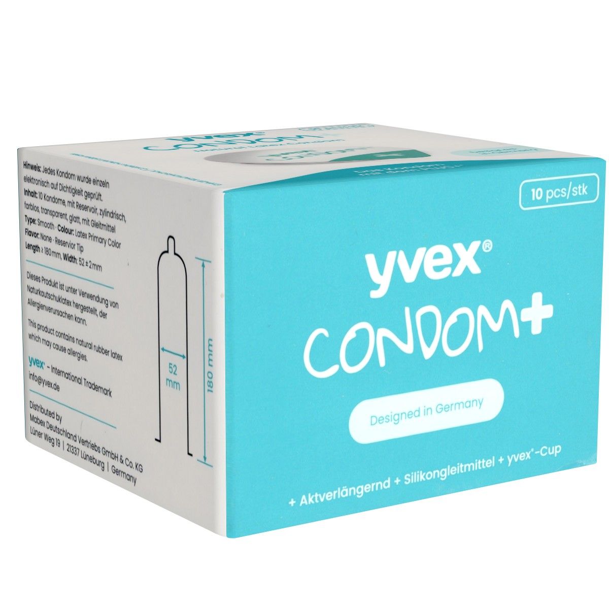 Verpackung von YVEX CONDOM+. Türkis-weiße Schachtel mit Produktnamen und "Designed in Germany". Enthält 10 Stück.