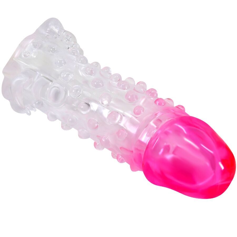 Penishülle, transparent mit rosa Spitze und Noppen. Perspektivische Ansicht.