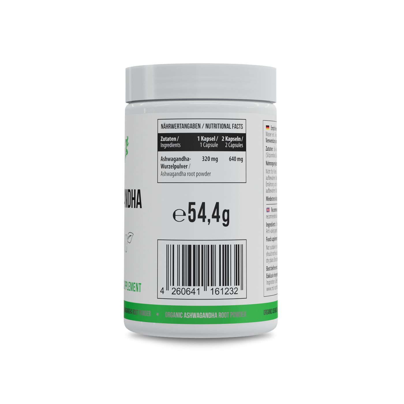 Weiße Kapsel-Dose mit Etikett. Enthält Ashwagandha-Wurzelpulver. Gewicht: 54,4 g. Barcode und Nährwertangaben sind sichtbar.