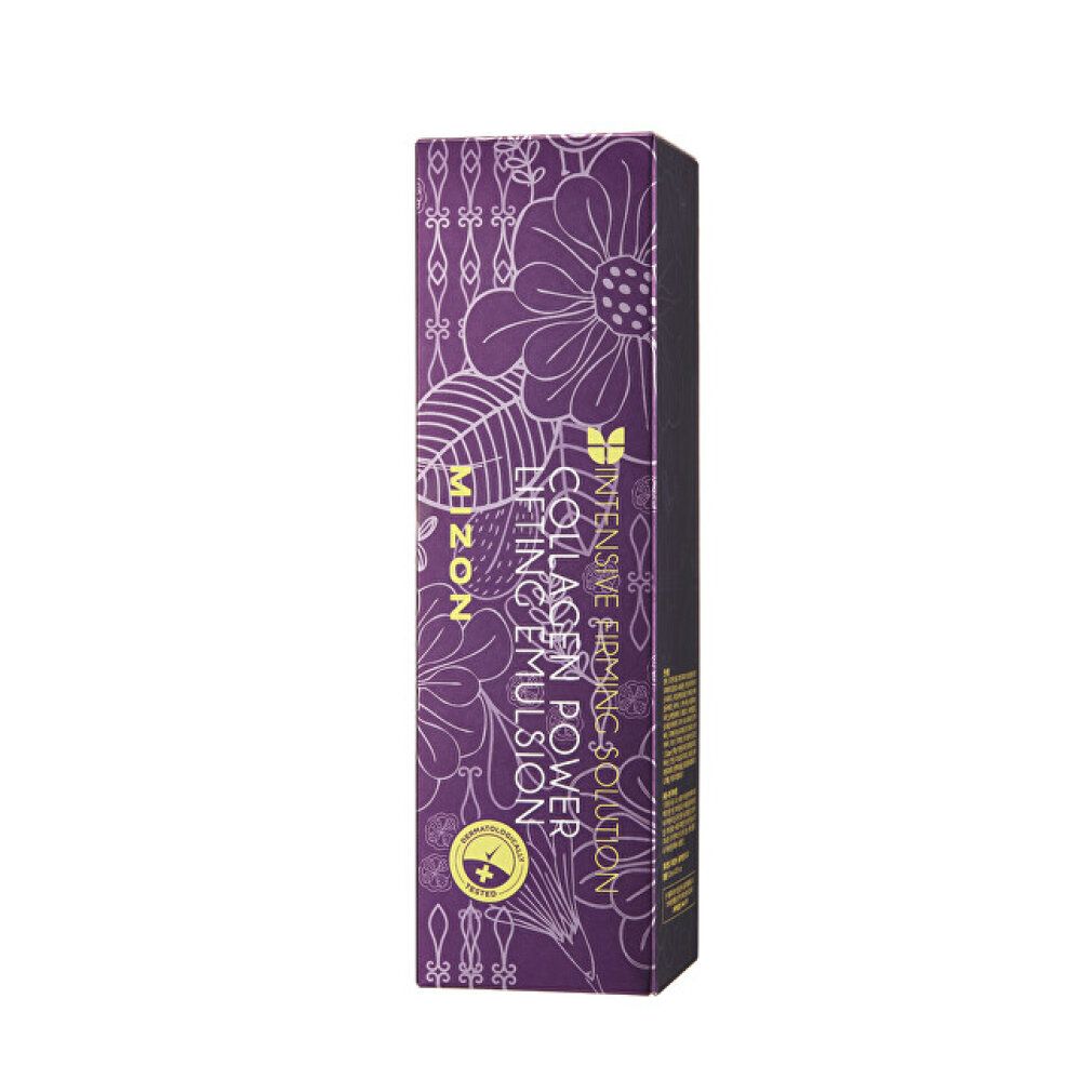 Verpackung MIZON Collagen Power Lifting Emulsion. Lila mit floralem Muster. Text: Intensive Firming Solution.