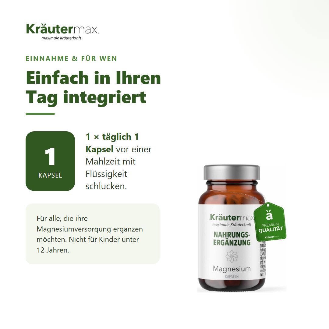 Braune Glasflasche mit weißem Etikett, Kräutermax Magnesium Kapseln, mit grünem Premium Qualität Siegel.