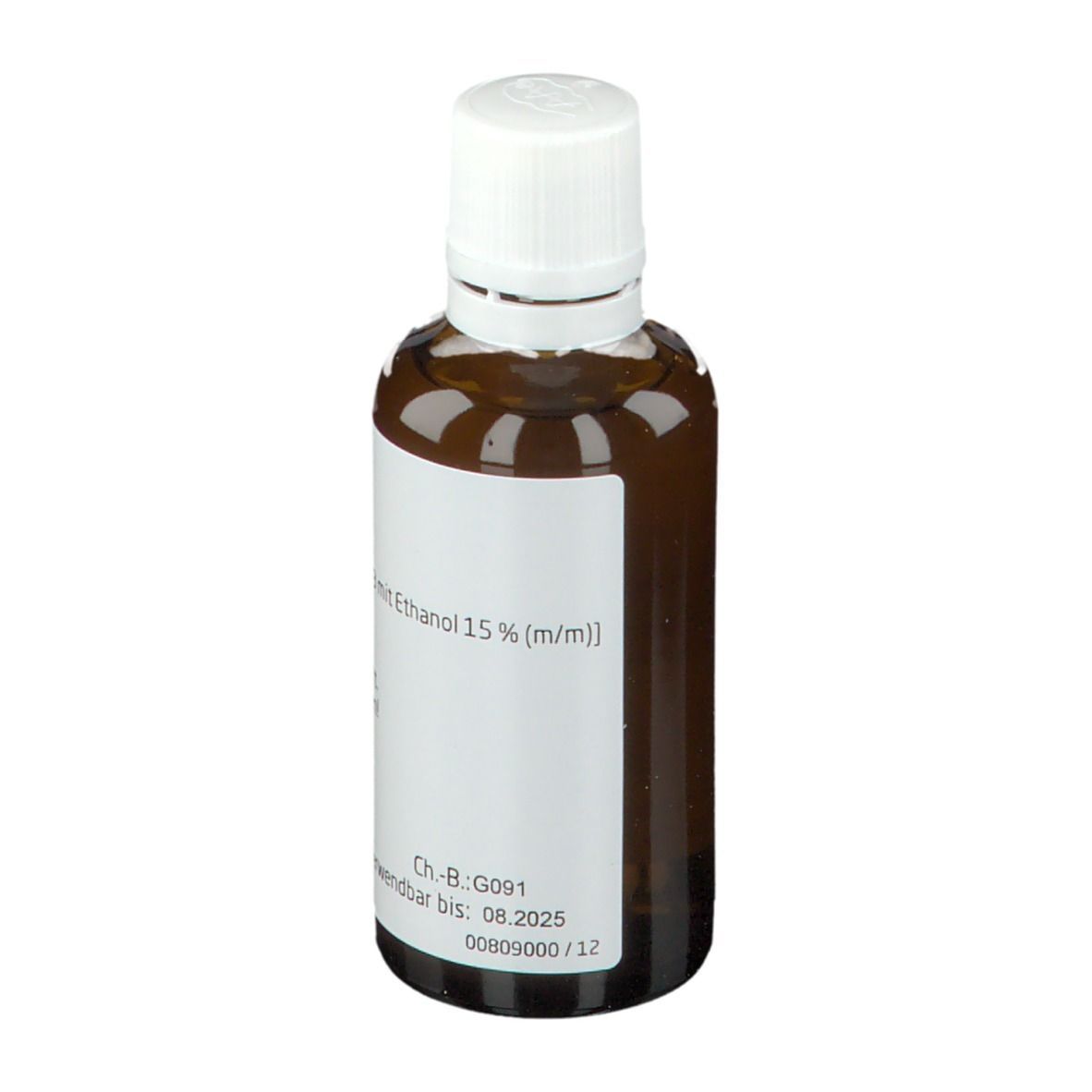 Braune Glasflasche mit weißem Deckel und Etikett. Beschriftung: Ethanol 15% (m/m), Verwendbar bis 08.2025.