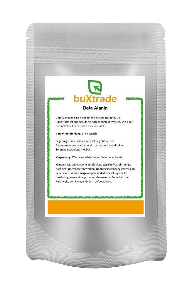 Beutel mit "buXtrade Beta Alanin"-Etikett. Text: Beta Alanin, Verzehrempfehlung, Lagerung, Verpackung. Wiederverschließbar.
