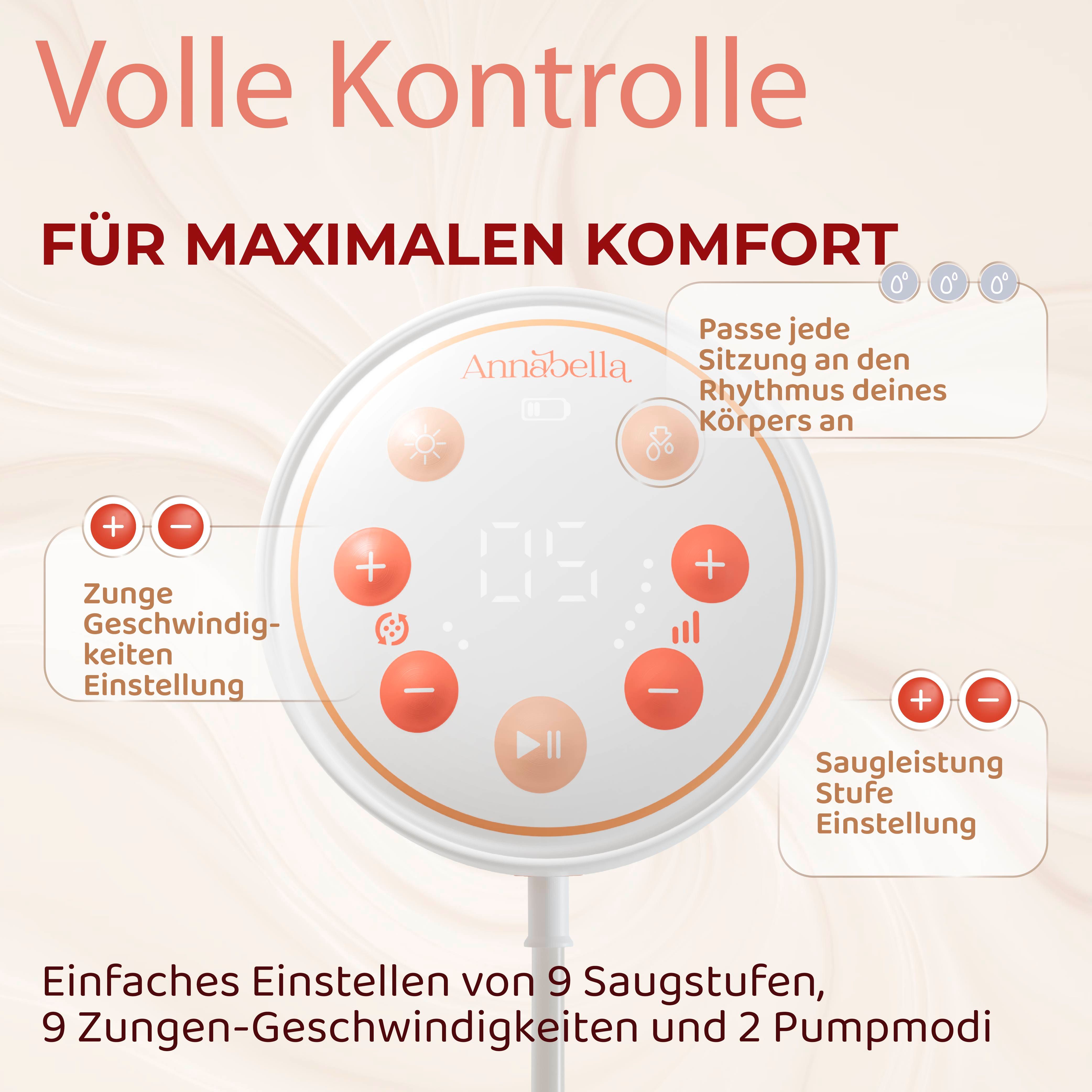 Steuerung der Milchpumpe. Knöpfe mit Beschriftung: Zunge, Saugstärke, Geschwindigkeit. Digitalanzeige.
